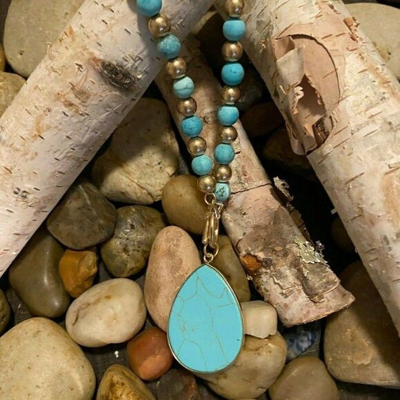 Teal Blue green gold Jasper Fall Necklace Beaded - Picture 1 of 12